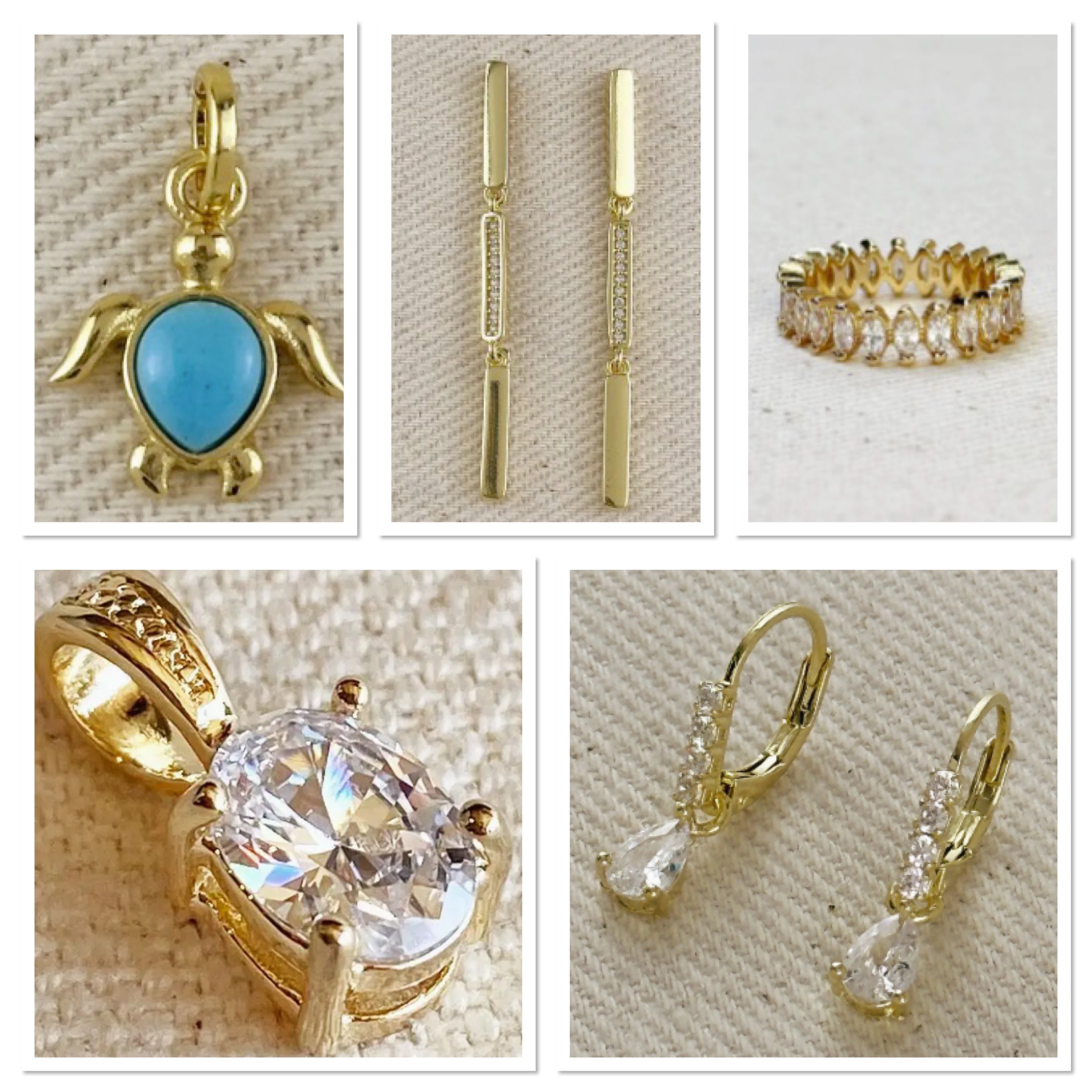Jewelry collage with a turquoise turtle pendant, gold-tone rings and drop earrings