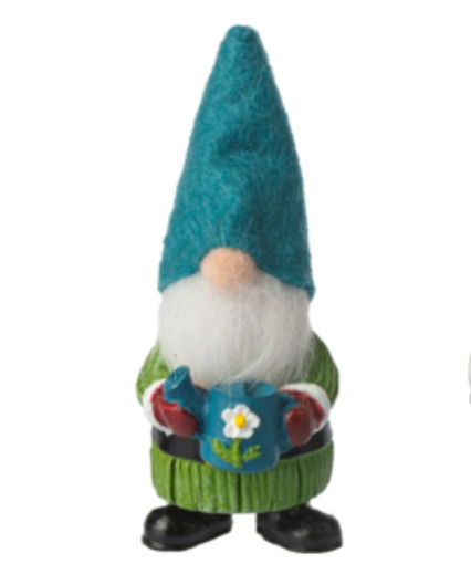 Blue and green garden gnome with felted hat holding a watering can