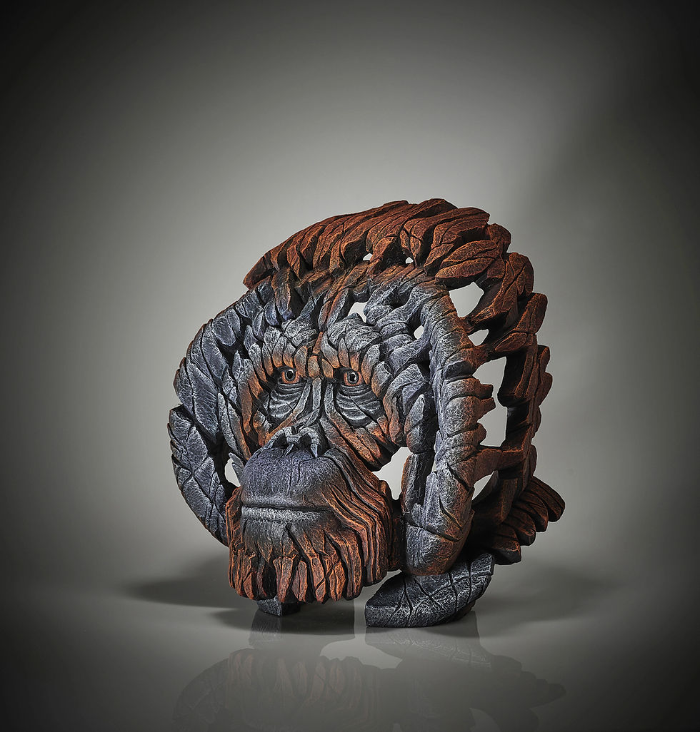 Thumbnail: Side view of brown and black orangutan bust sculpture