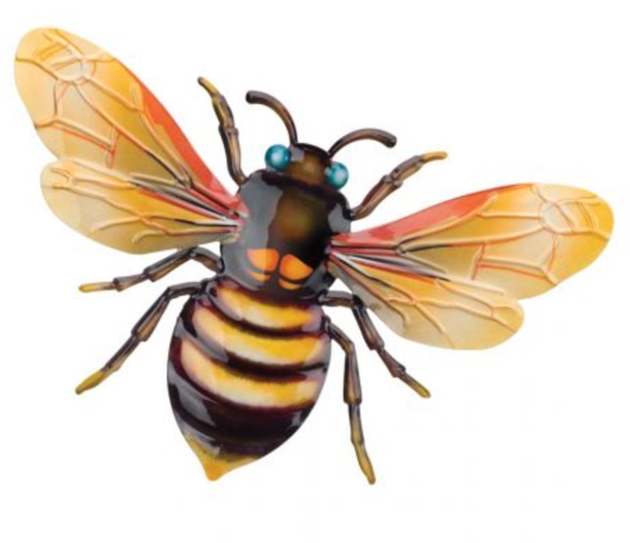 Thumbnail: Detail image of metal flying bee with black body, yellow stripes and blue eyes