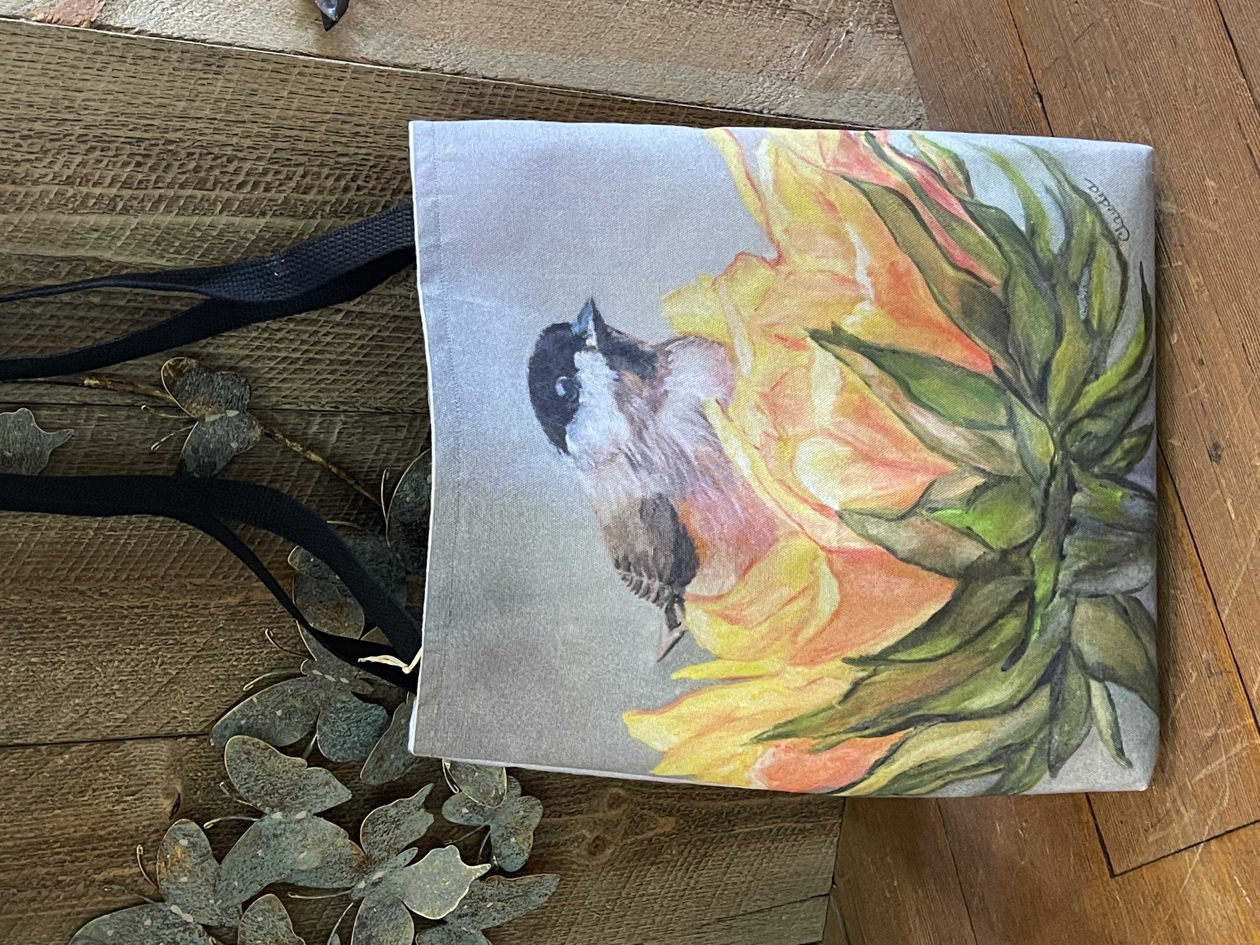 Canvas tote featuring Claudia’s bird and flower artwork