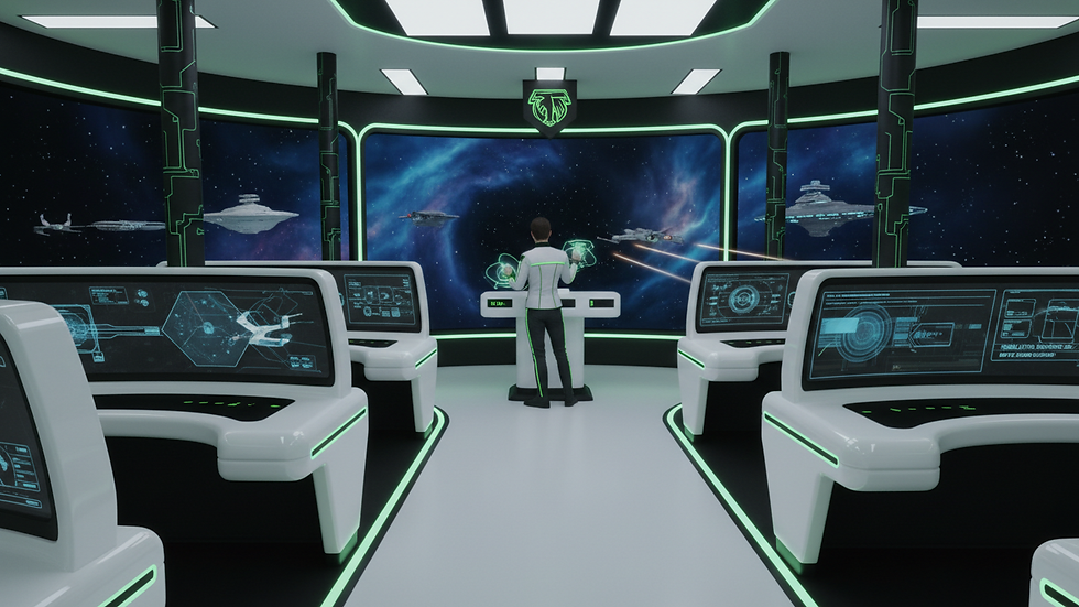 Eye-level view of a futuristic virtual classroom with aerospace simulations