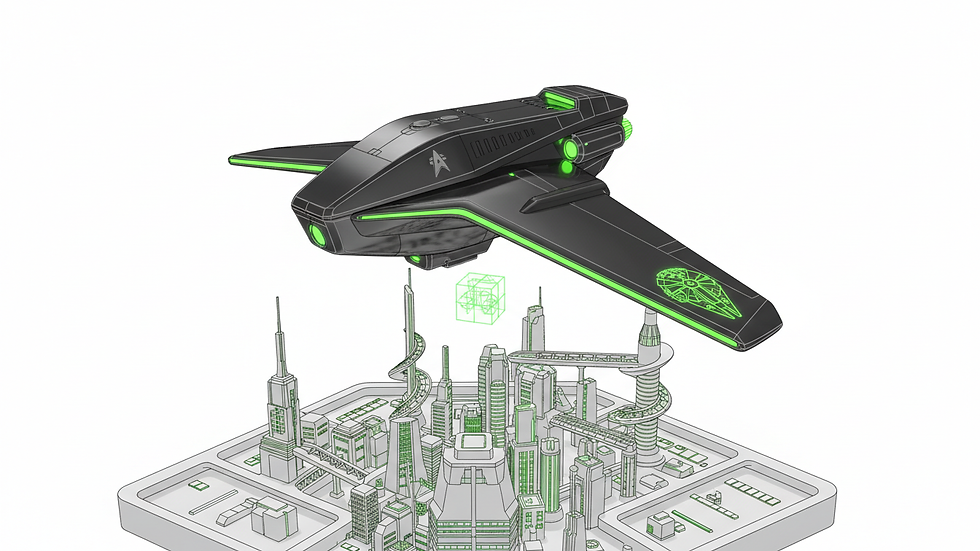 Close-up view of a drone flying over a futuristic cityscape