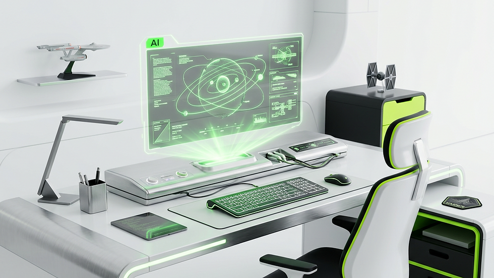 Eye-level view of a futuristic workspace with holographic AI interfaces