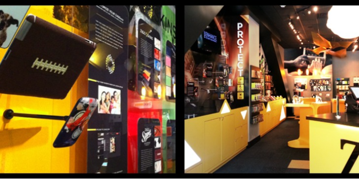 Inside the ZAGG store: ZAGGskins display and view of the lit cabinets and interior