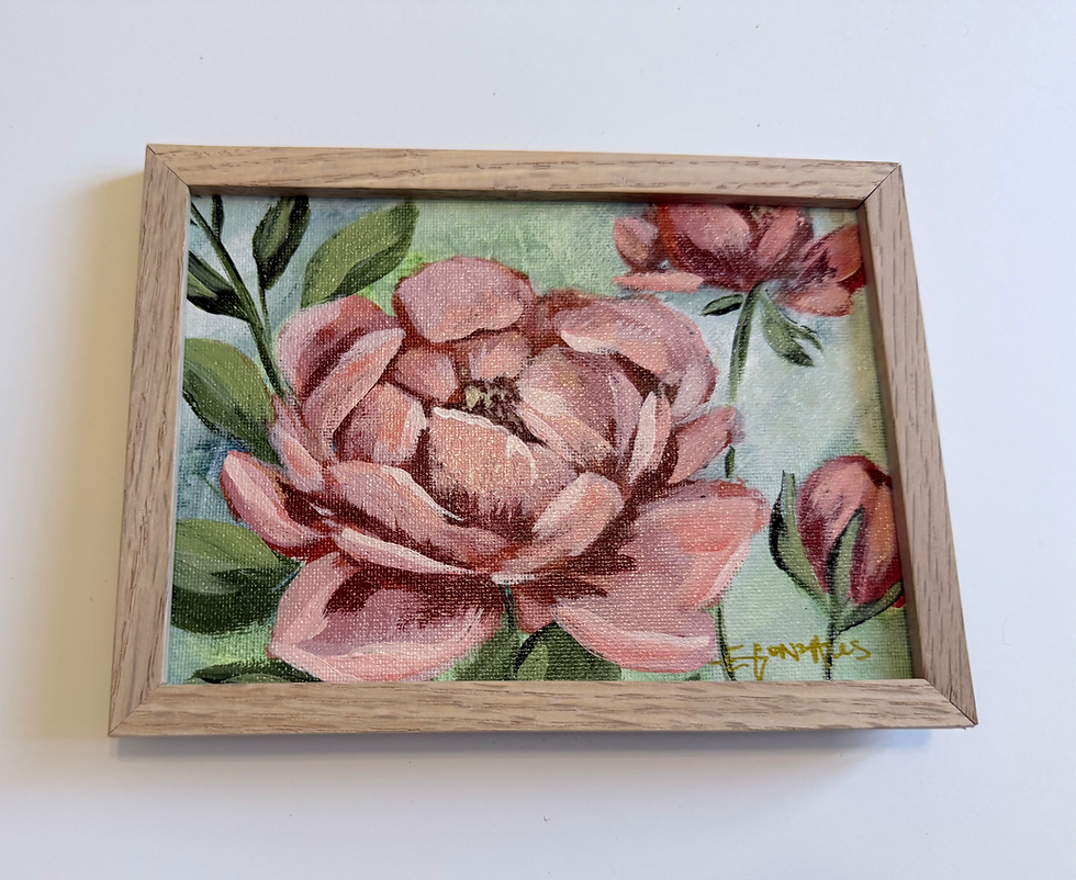 Thumbnail: "Peonies Bloom" 5X7 Original Acrylic on Canvas Panel- Framed in Natural  Wood 