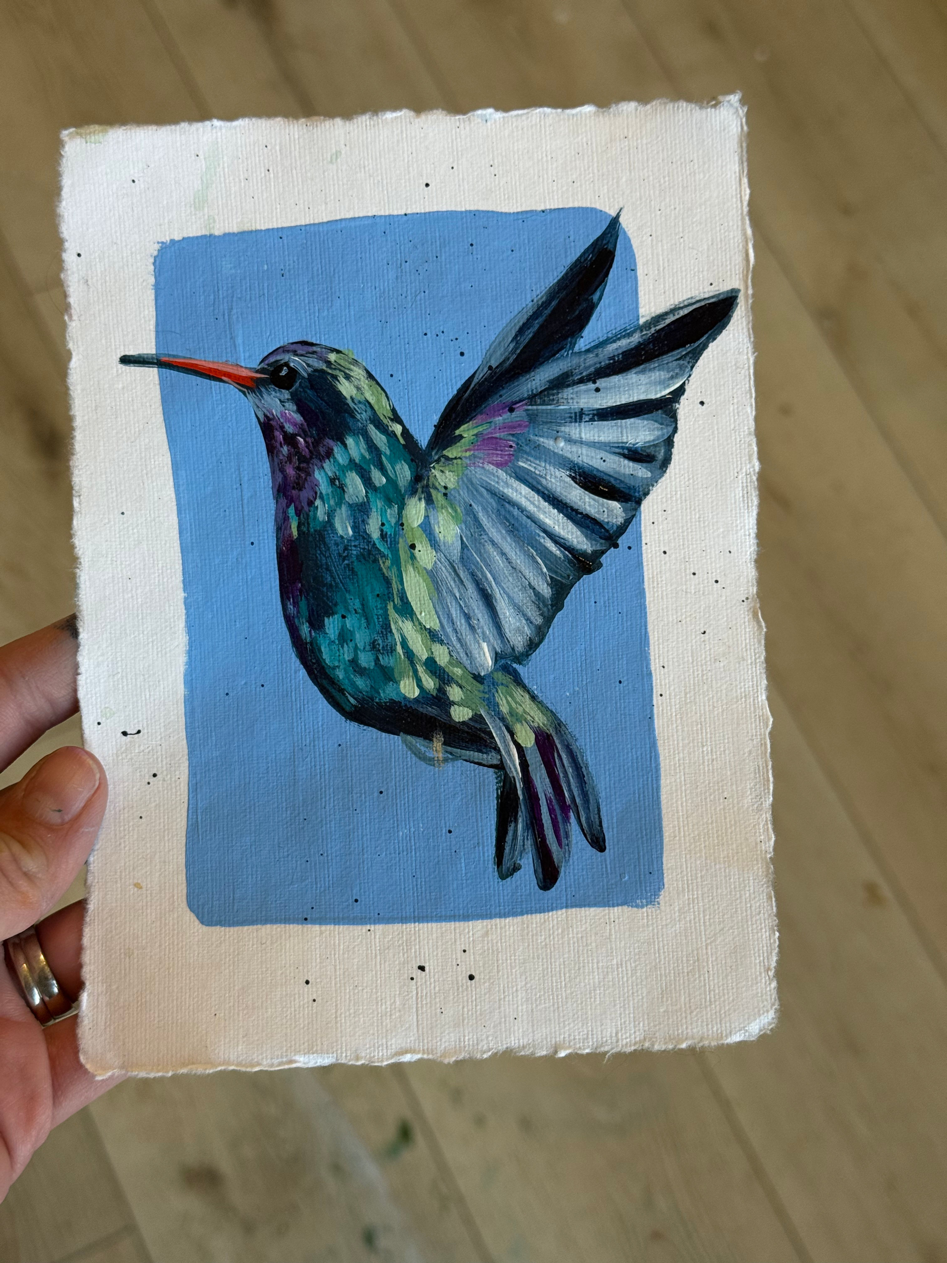 Petite Original 5x7 Acrylic on Deckled Paper- Hummingbird
