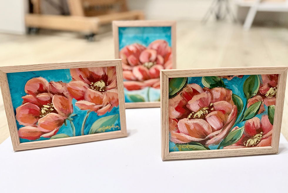 Thumbnail: "Pretty Poppies #2"  5 x 7 Original Acrylic on Canvas | Framed in Natural Wood