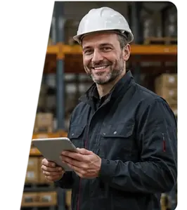 Angehender UVV-Prüfer mit Schutzhelm und Tablet bei der Ausbildung zur Befähigten Person