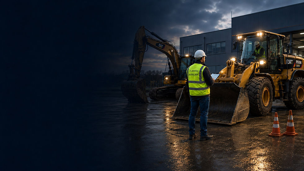 Ausbilder für Baumaschinen kontrolliert Radlader auf Baustelle – Ausbilderlehrgang nach DGUV Grundsatz 301-005 bei der LTS-Akademie