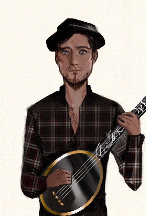 A digital painting of a small pale man with blue eyes, wearing a hat and a plaid shirt, holding a mandolin and looking nervous