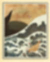 A color ink drawing of a foamy, disrupted sea and a ship sinking, with several sailors swimming, drowning, or being thrown from the craft; to the left, the black side and a flipper of a giant sea creature can be seen