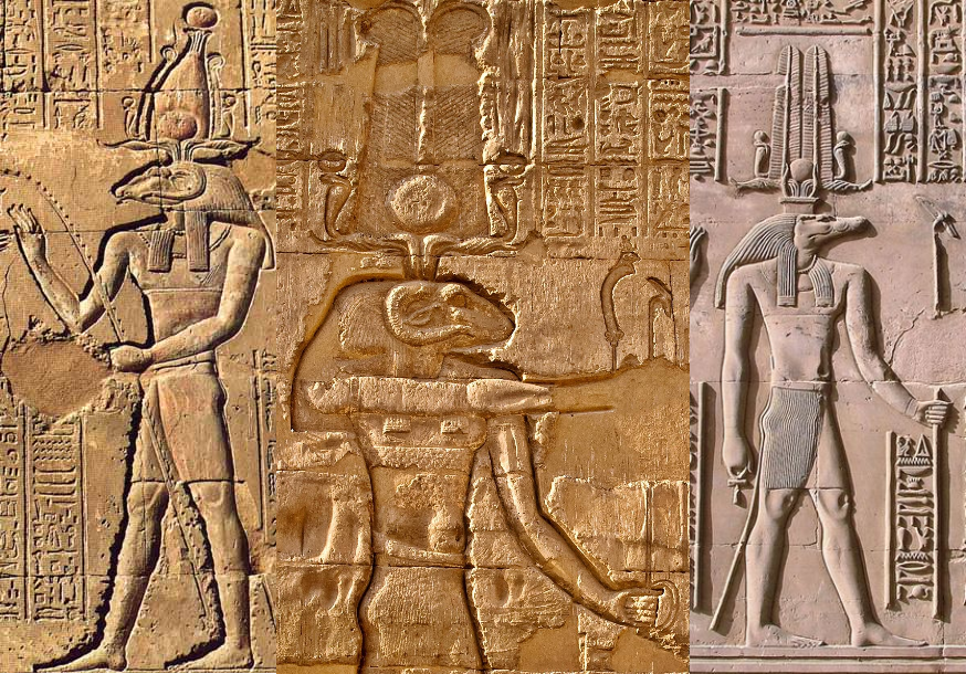 Three stone depictions of ancient Egyptian gods. From left to right: Khnum, a ram-headed god with tall horns and a crown; Khnum-Sobek, a ram-headed god with short curling horns and a feathered headdress; and Sobek, a crocodile-headed god with a feathered headdress.