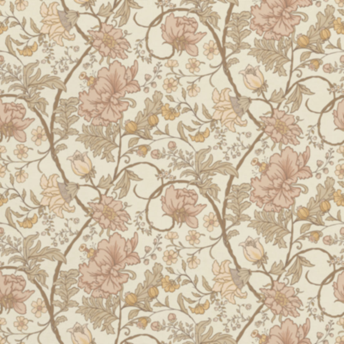 Agnese is a Heritage floral wallpaper with ornate blossoms and scrolling botanical branches