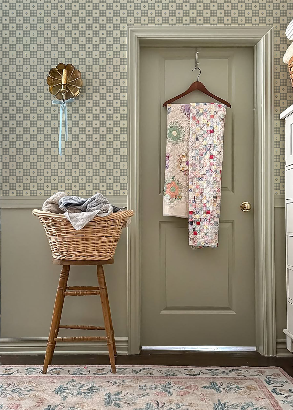 Fable is a Wallpaper featuring gingham plaid with tiny embroidered floral motifs