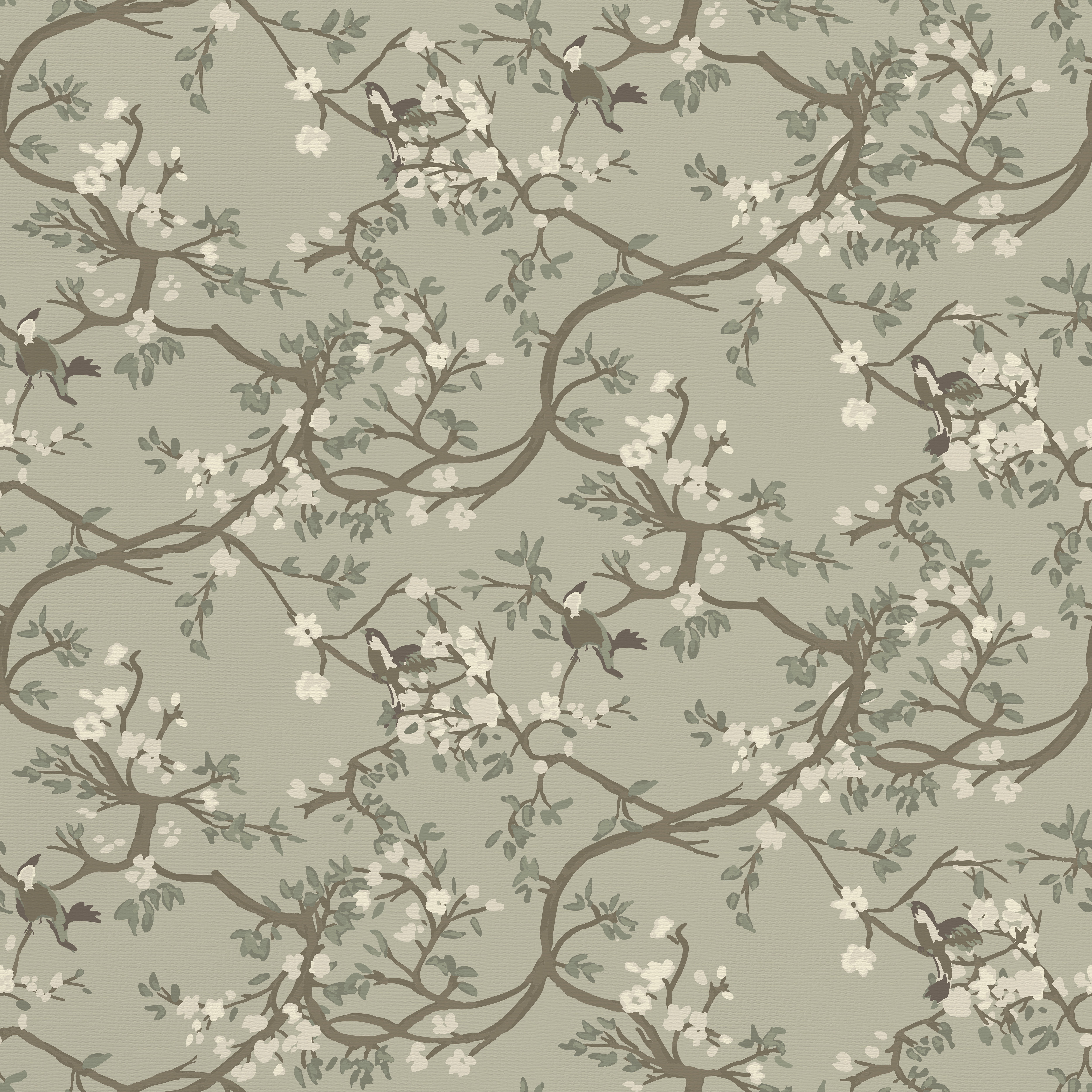 Chinoiserie bird wallpaper with delicate birds on flowering branches