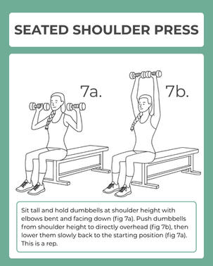 Senior doing seated shoulder press with dumbbell