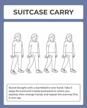 senior woman doing suitcase carry with dumbbells