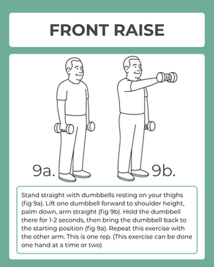 Senior doing front raises with dumbbells