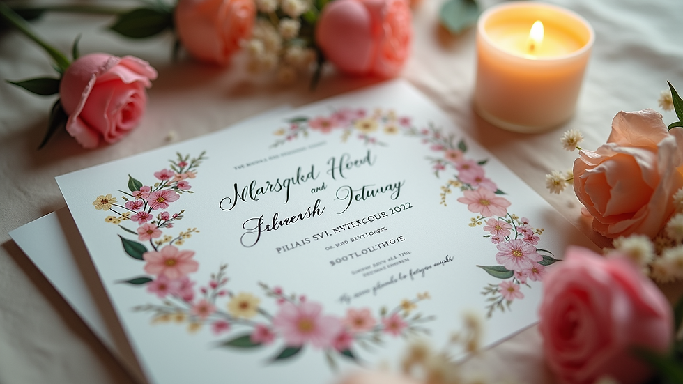 High angle view of a wedding invitation suite with flowers and a candle
