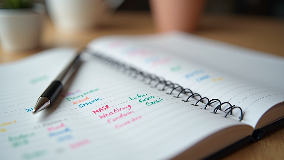Eye-level view of a wedding planner’s notebook with colorful notes and a pen
