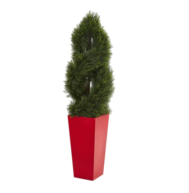 4.5" Double Pond Cypress Spiral Artificial Tree in Red Planter (Indoor/Outdoor)
