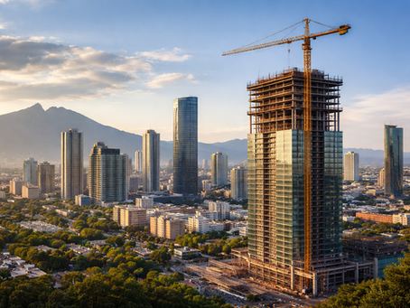 skyline de ciudad en México con torre en construcción y grúa