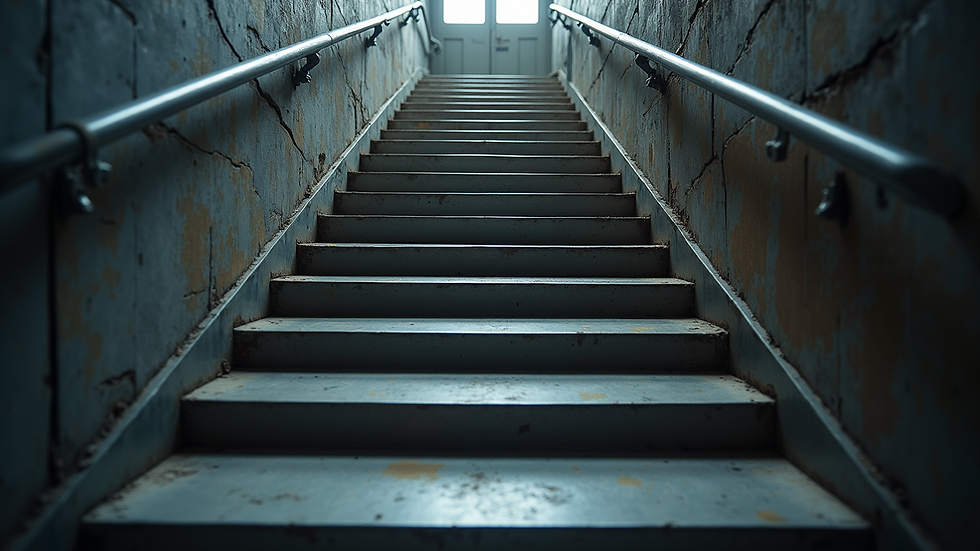 Eye-level view of a custom steel staircase with intricate design