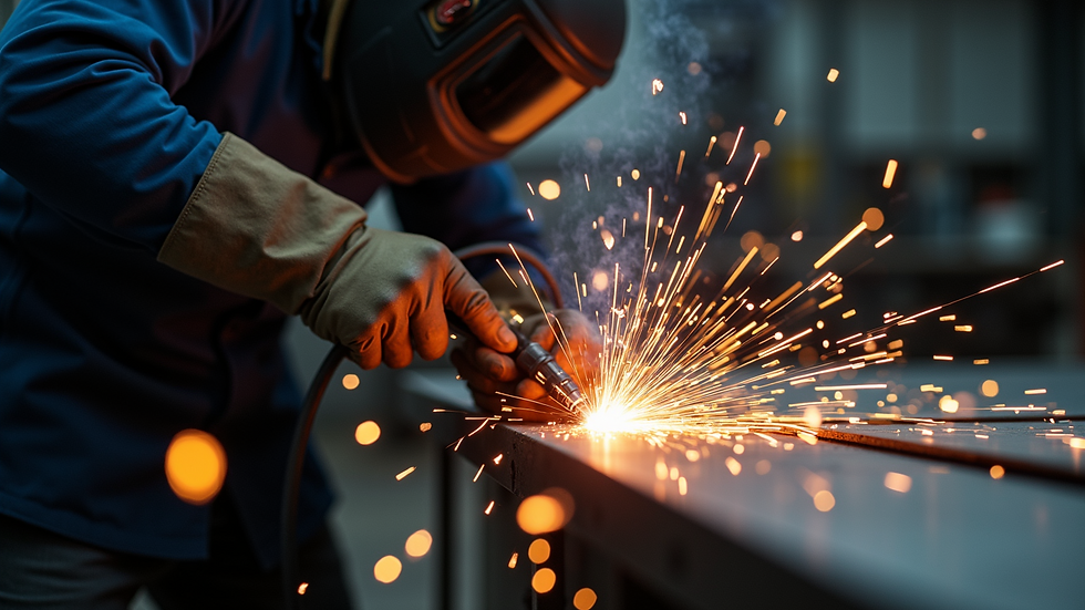 High angle view of welding practice on metal plates with sparks flying