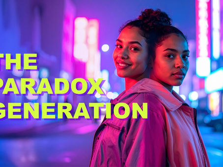 Two contrasting Gen Z facial expressions representing the paradox generation