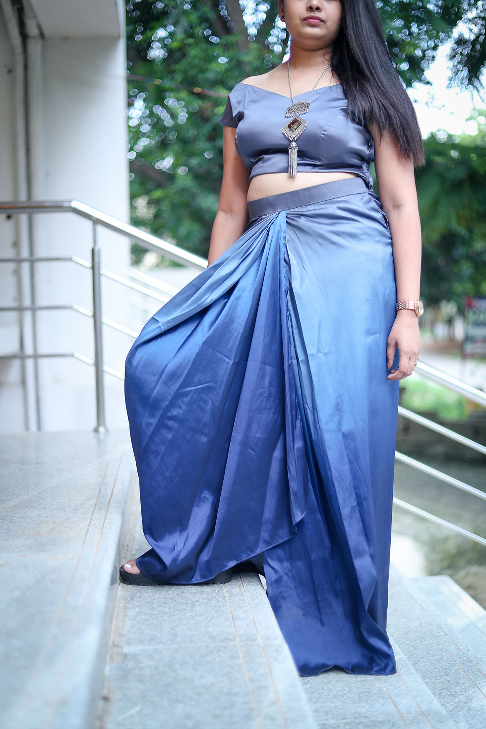 Thumbnail: Grey off shoulder blouse and dhoti skirt