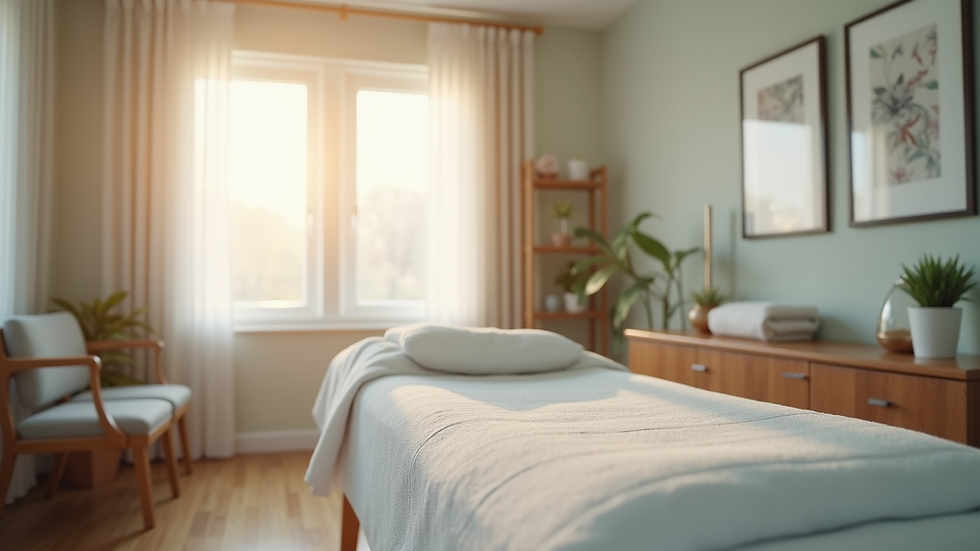 Eye-level view of a serene chiropractic treatment room with calming decor