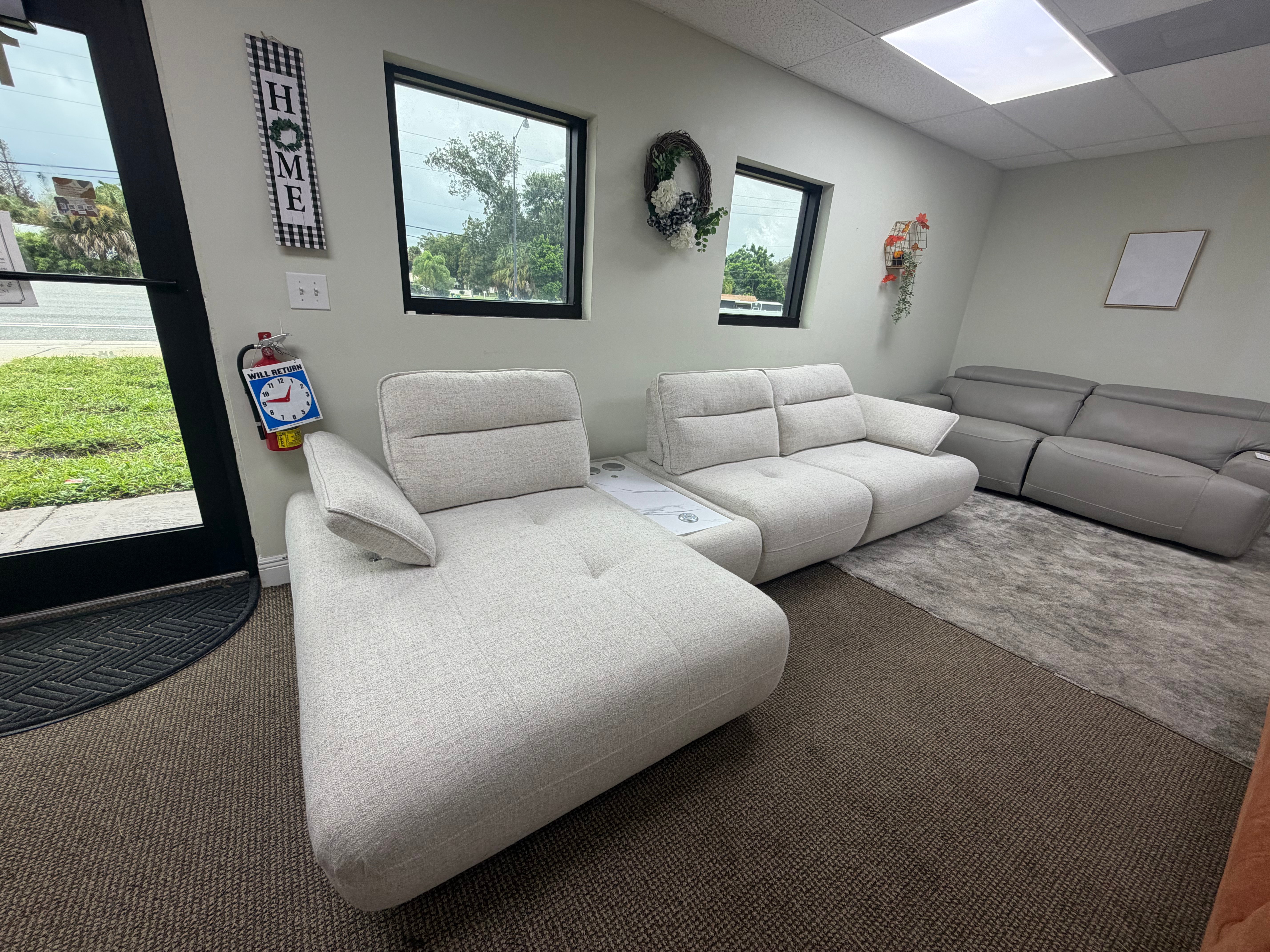 Modern Light Gray Chaise Sectional with Adjustable Backs + Bluetooth Stereo