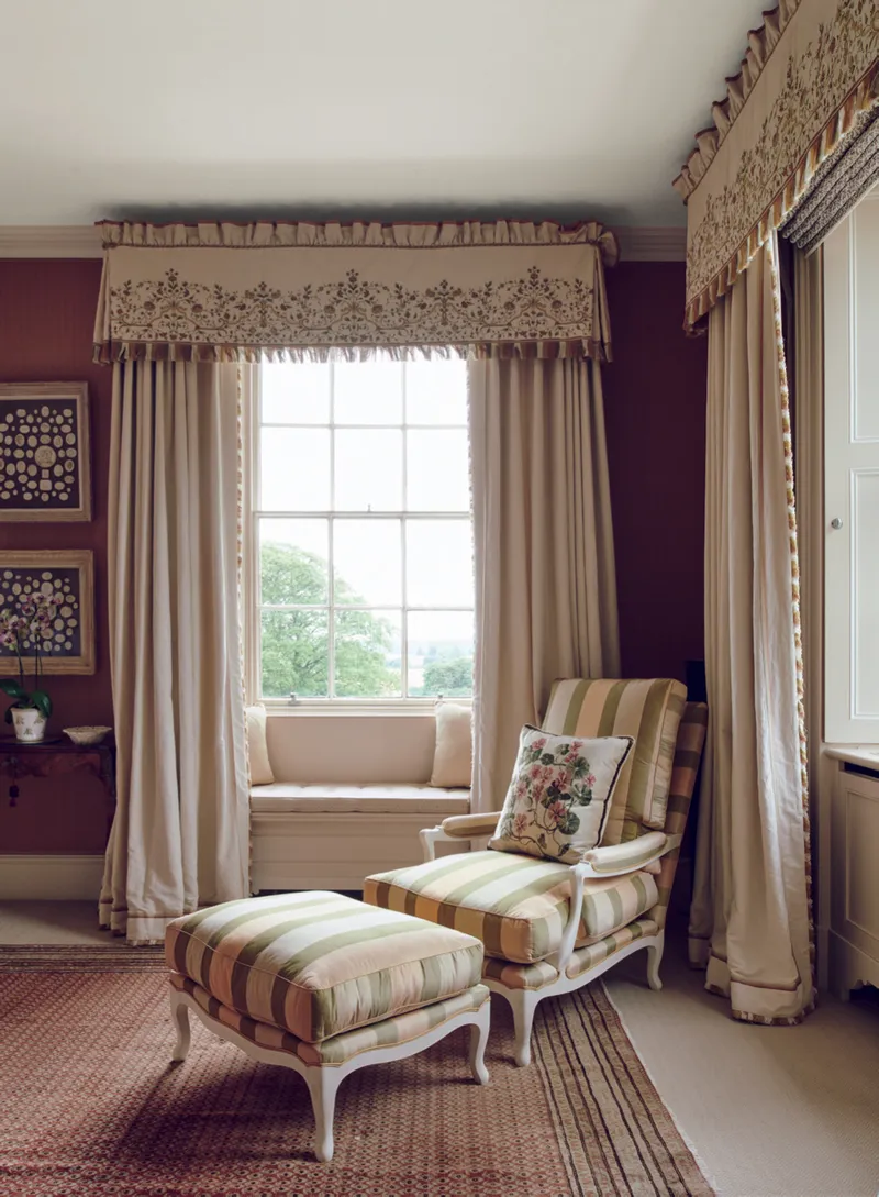Corner chair in a bedroom next to a window with long curtains