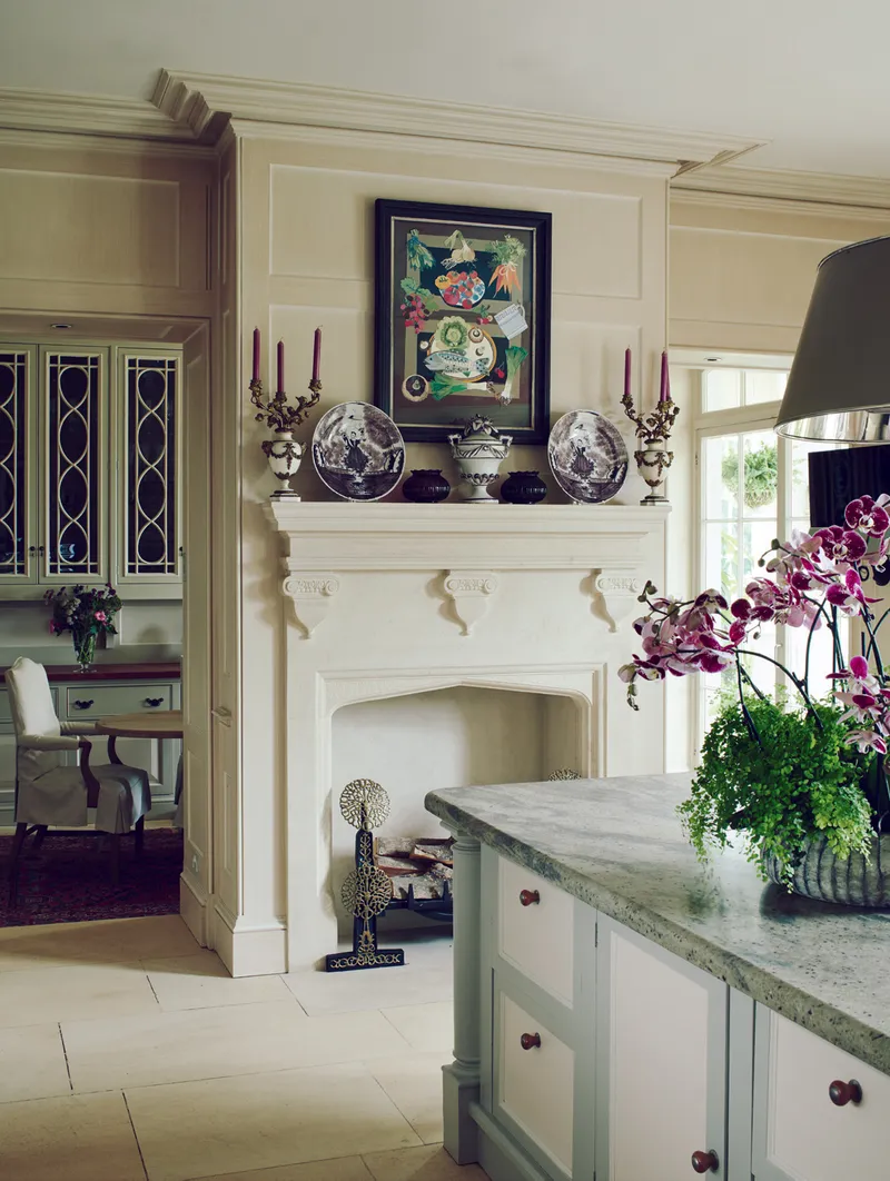 Kitchen of a country house with a fireplace