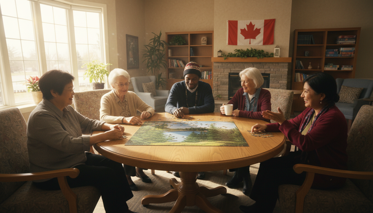 Wide-angle view of older adults gathered around a puzzle table in a shared lounge.