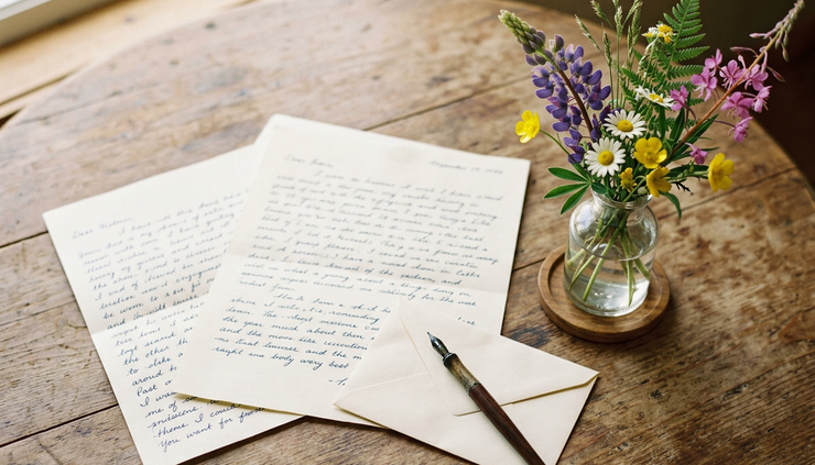 Overhead view of handwritten letters beside a small vase of wildflowers