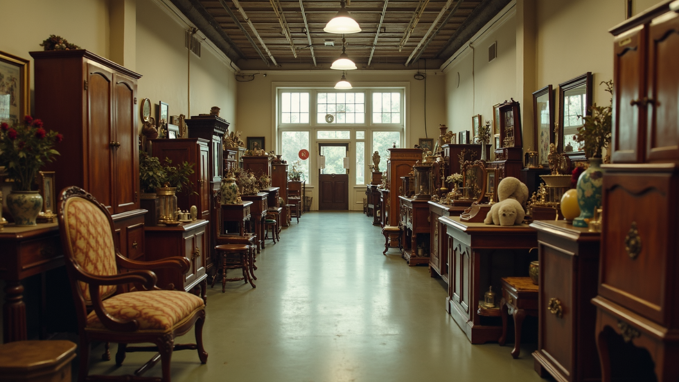 Wide angle view of the interior of Virginia Antique Mall with rows of antique furniture and collectibles