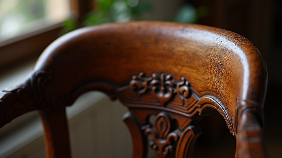 Close-up view of a vintage wooden chair with intricate carvings