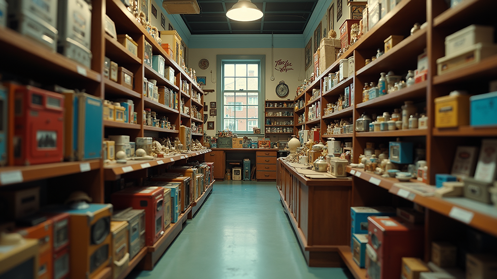 Eye-level view of a vintage collectibles shop interior with shelves filled with retro items