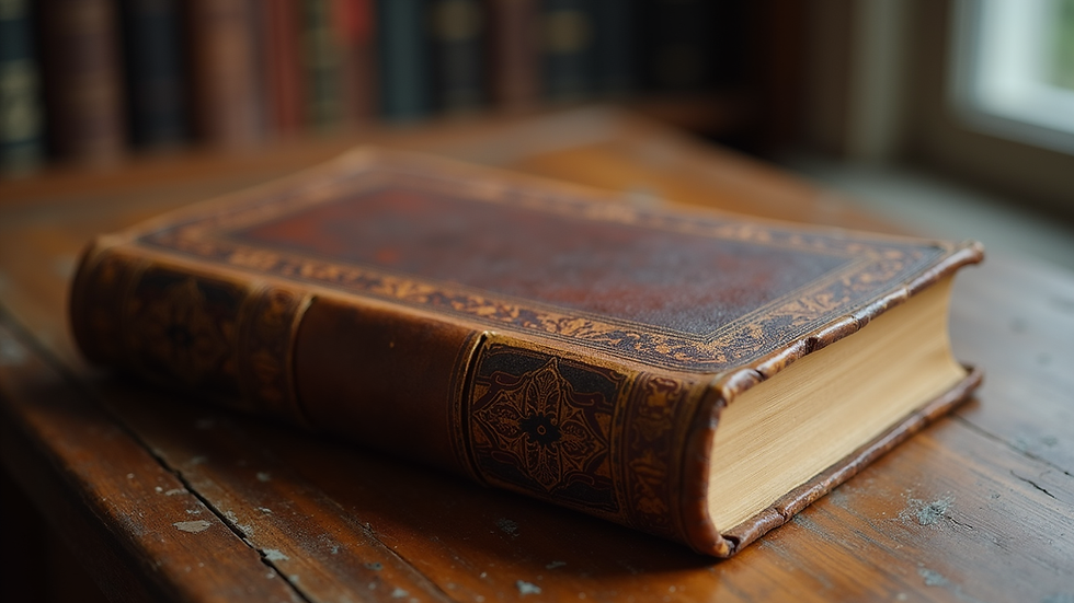 Eye-level view of a rare book with a worn leather cover on a wooden table