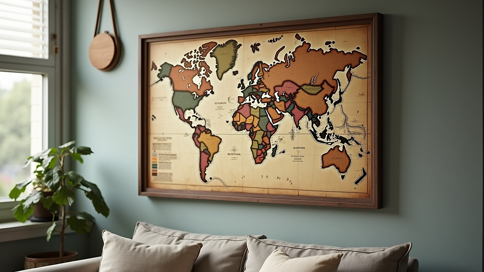 Close-up view of a framed antique map hanging on a wall