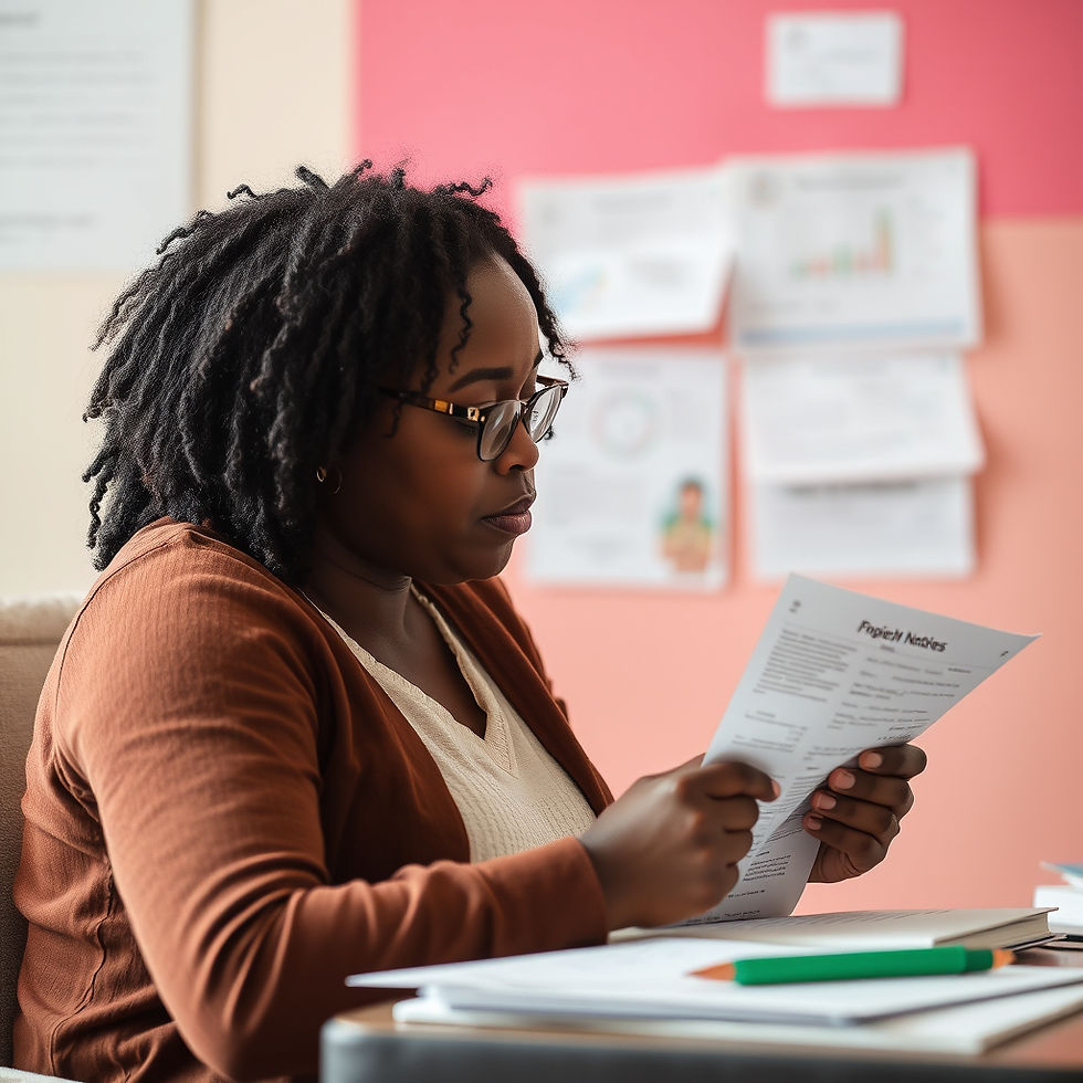 A focused mother carefully reviews notes in her office, highlighting a commitment to thorough preparation and attention to detail.