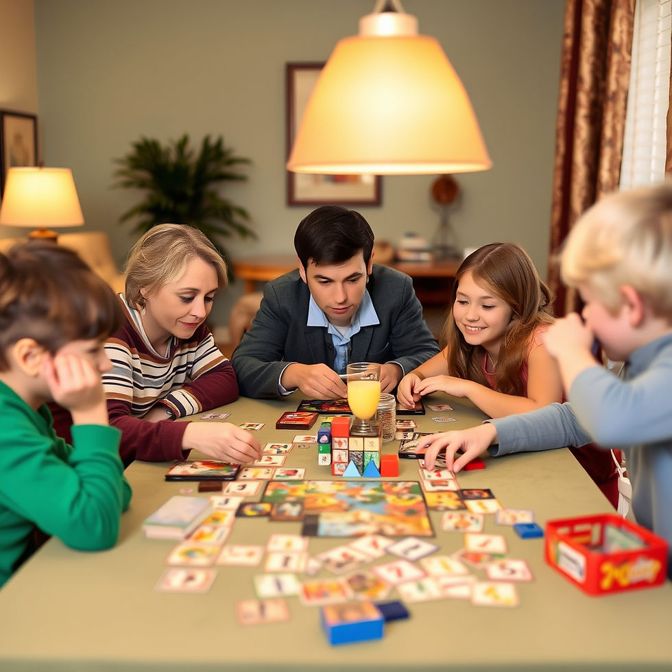A lively family game night unfolds as everyone gathers around the table, engaging in turn-taking and joyful conversations.