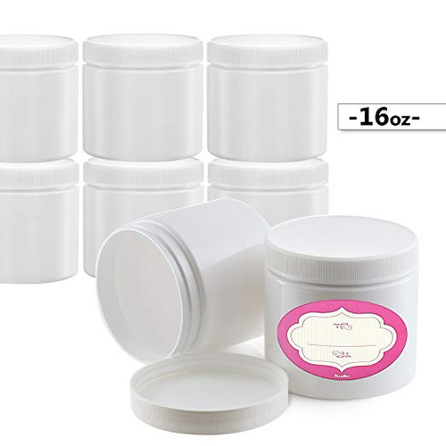 8Pack of 16 Oz. White Plastic Cosmetic Jar, Liner, Lids and Labels