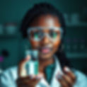 I would like an image of a beautiful black woman in a lab, lab coat, with lab goggles, and