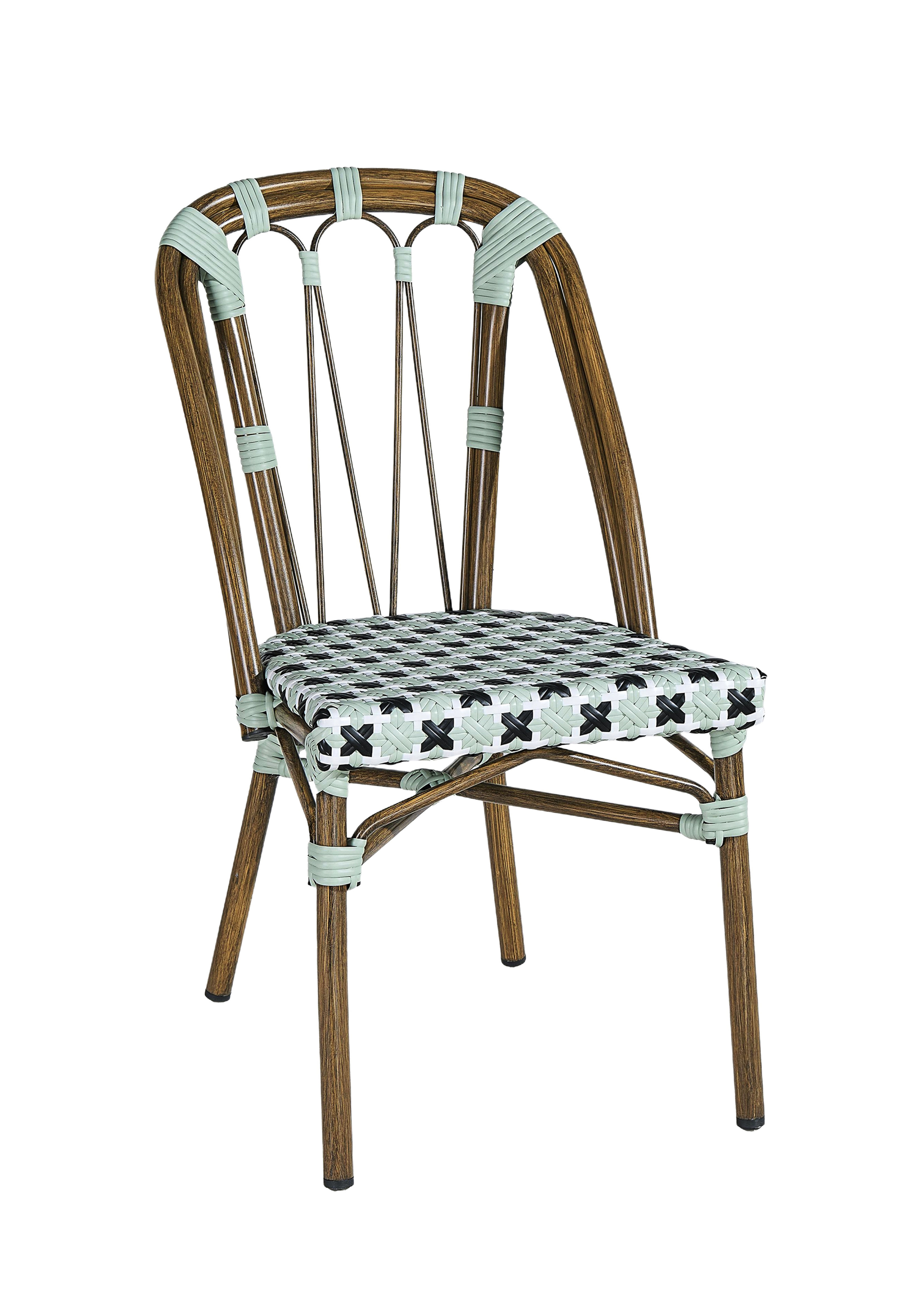 Chaise de terrasse professionnelle Auteuil vert pâle noir blanc en aluminium effet rotin avec tressage bistro
