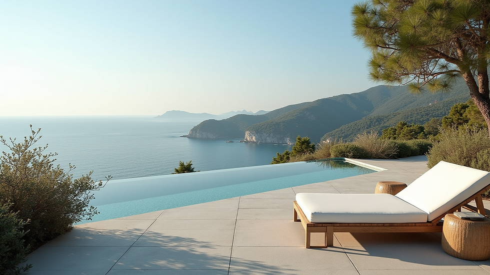 Vue en plongée d’une terrasse équipée de mobilier rotin élégant et moderne