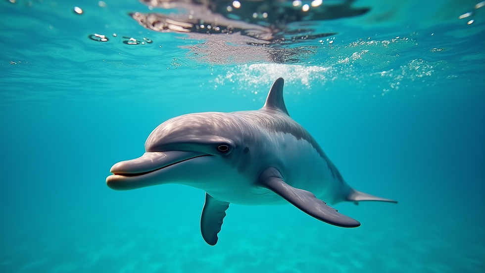Eye-level view of a dolphin swimming gracefully in clear blue water