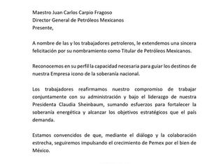En la H. Sección 10 del STPRM, nos sumamos y respaldamos con convicción, la felicitación expresada por nuestro líder nacional; Ing. Luis Ricardo Aldana Prieto, al Maestro Juan Carlos Carpio Fragoso po